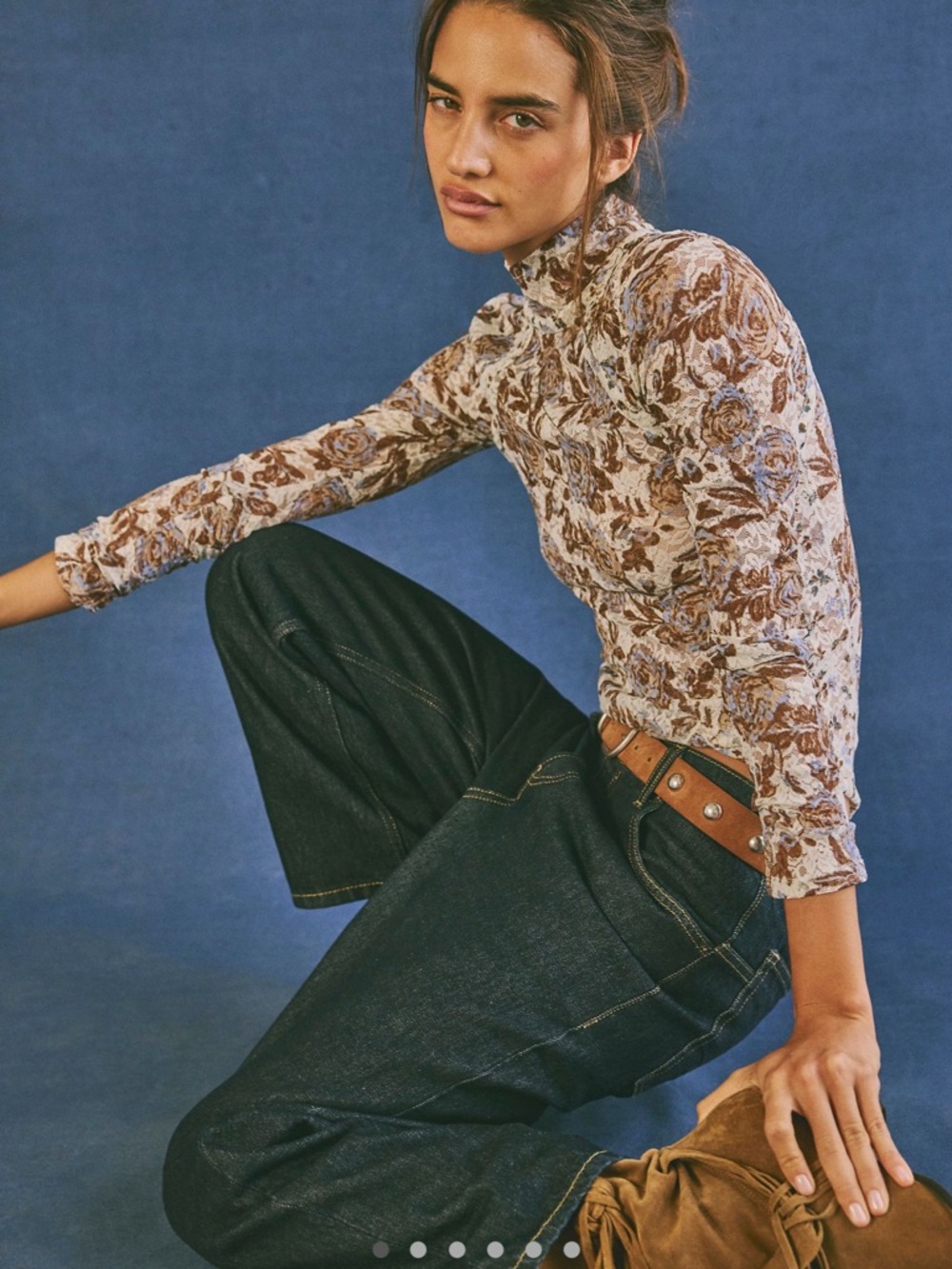 Free People Cream and Brown Floral Mock Neck Long Sleeve Top